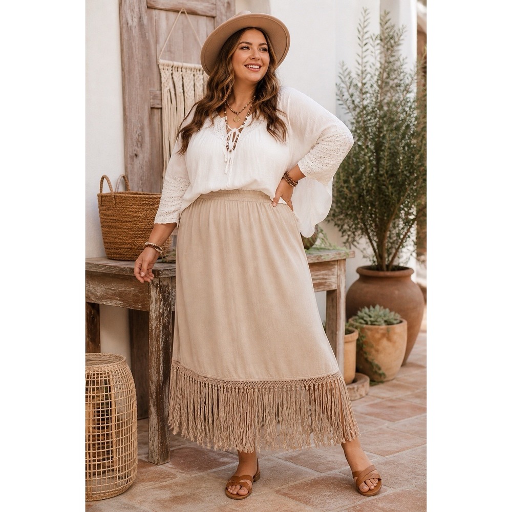 Super Cute Chico's LINEN Boho Festival Fringe Midi Skirt Stretch Waist 2 Plus